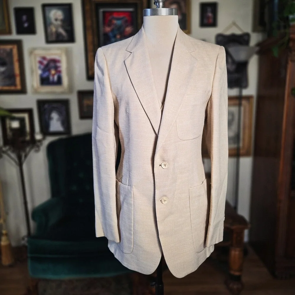 Fioravanti Brookfield Blazer Vest Set Vintage 70s Tan Linen Blend Suit Jacket SM